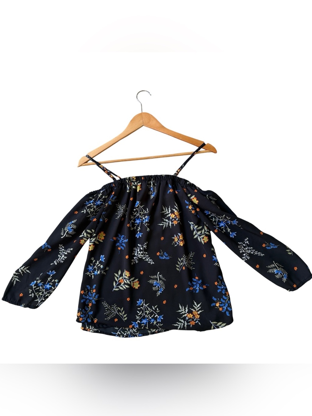 Mudd Black Floral Elastic Waist Blouse with Orange Accents